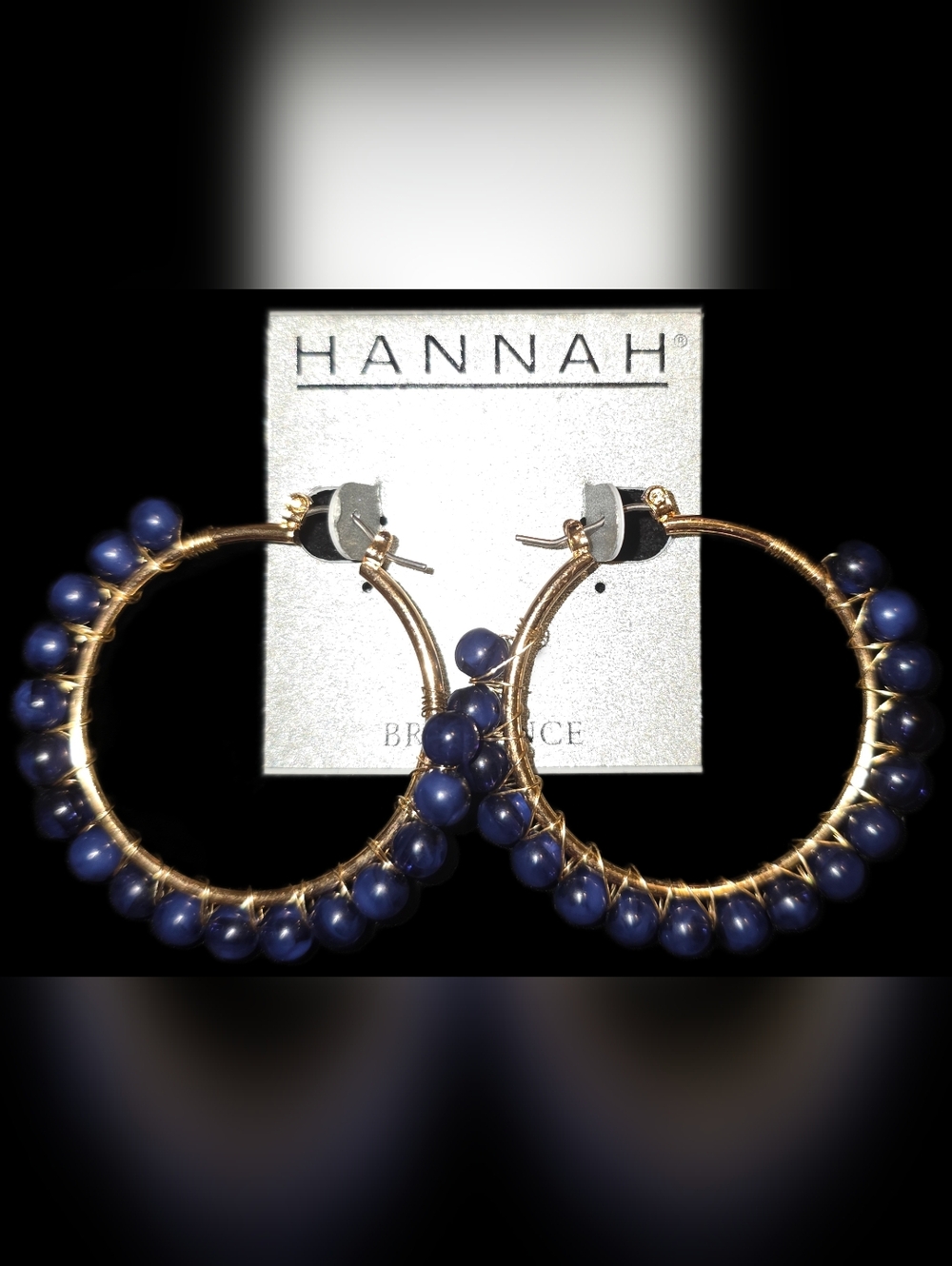 Goldtone Hoop Earrings w/Navy Blue Beads